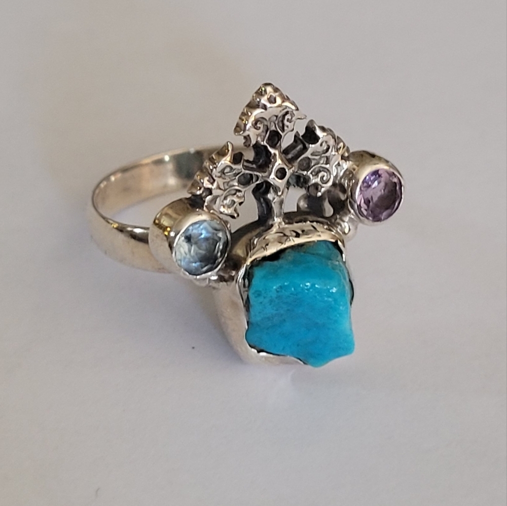 Sterling Silver Turquoise‎ Amethyst Blue Topaz Gemstone Ring Statement Size 7